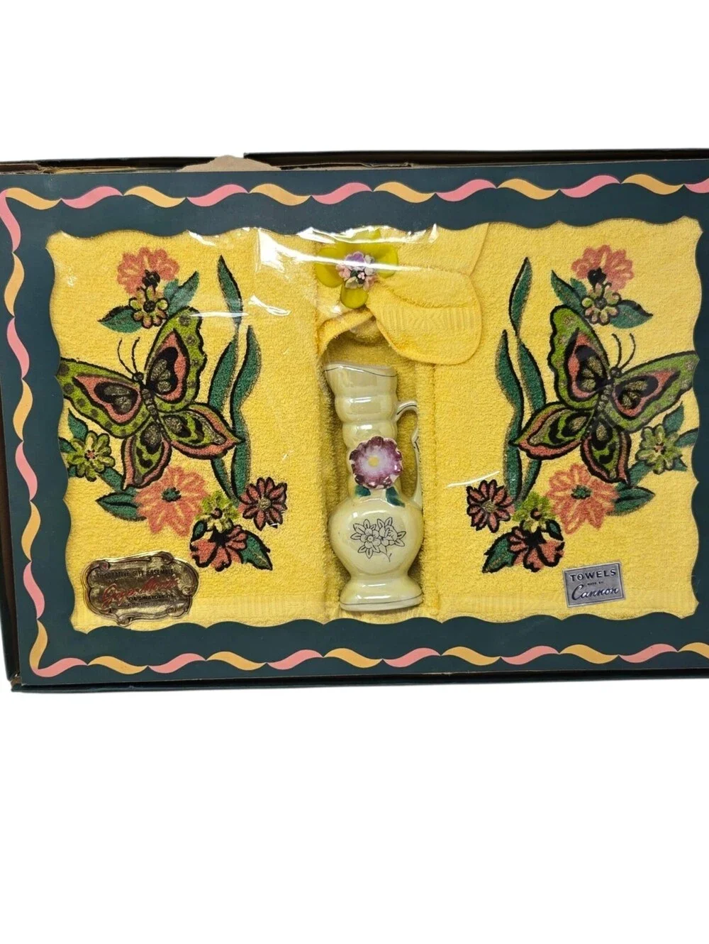 VTG Cannon Bath Towels Gift Set Butterflies Joyce Morris Vase NOS RARE READ
